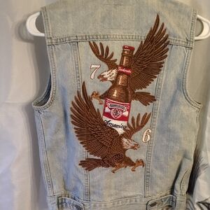 Light Blue Denim Vest with Eagle and Bottle Embroidery Design